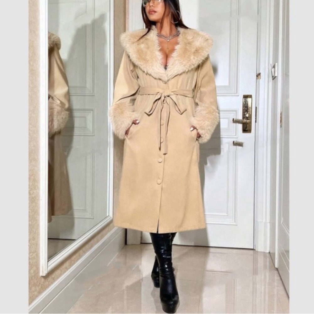 Classic Vegan Fur Pockets Button Down Belted Jacket Coat - Picture 5 of 6